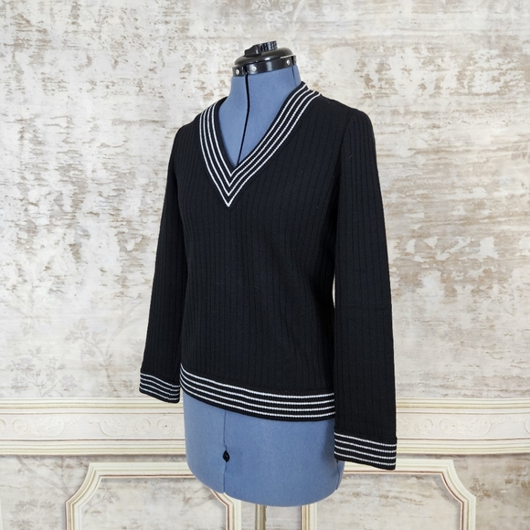 Vintage 1970s 1960s Black Pullover Striped Top S Academia Butte Knit Beatnick - Picture 3 of 7